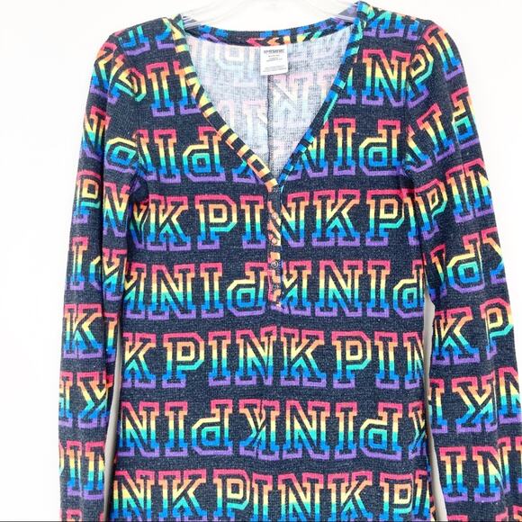 Pink Victoria’s Secret Rainbow Spell Out Butt Flap One Piece Pajamas Sz M - Picture 2 of 9